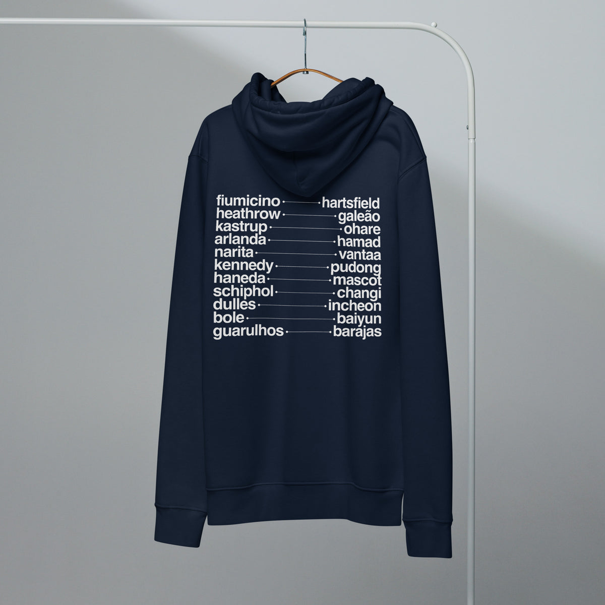 fly hoodie in french navy, back, on a hanger