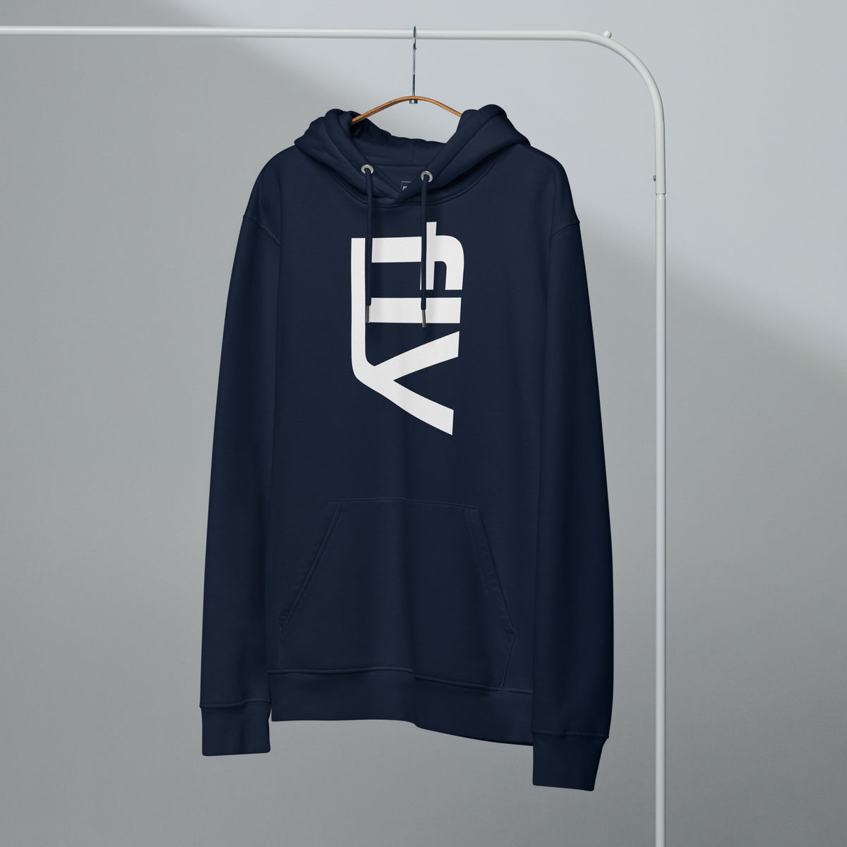 fly hoodie in french navy, front, on a hanger