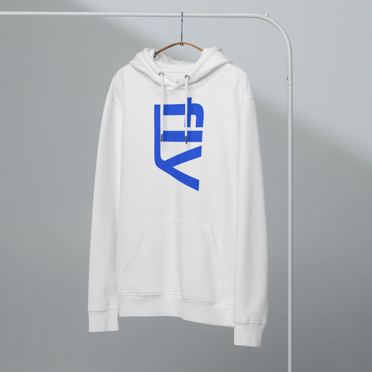 fly hoodie in white, front, on a hanger