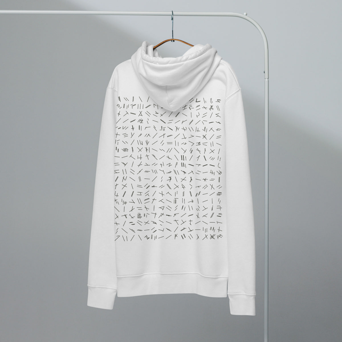 Language of Runways hoodie in white, back, on a hanger