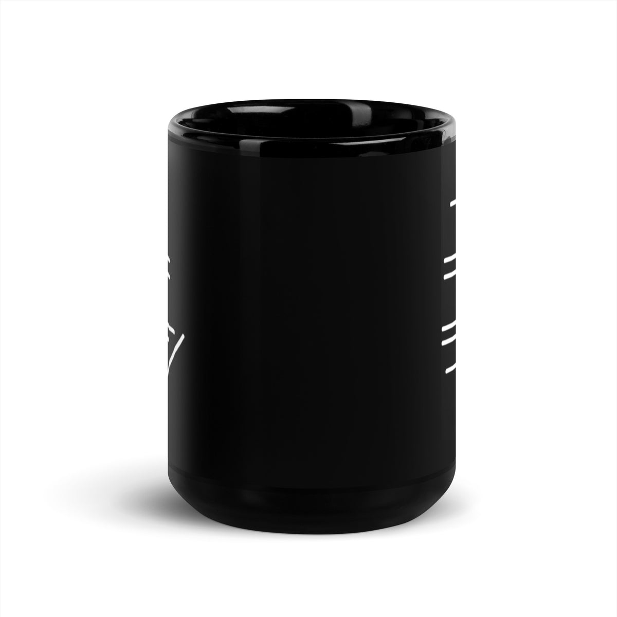 Black runway mug seen from the front, a runway diagram wrapping each side