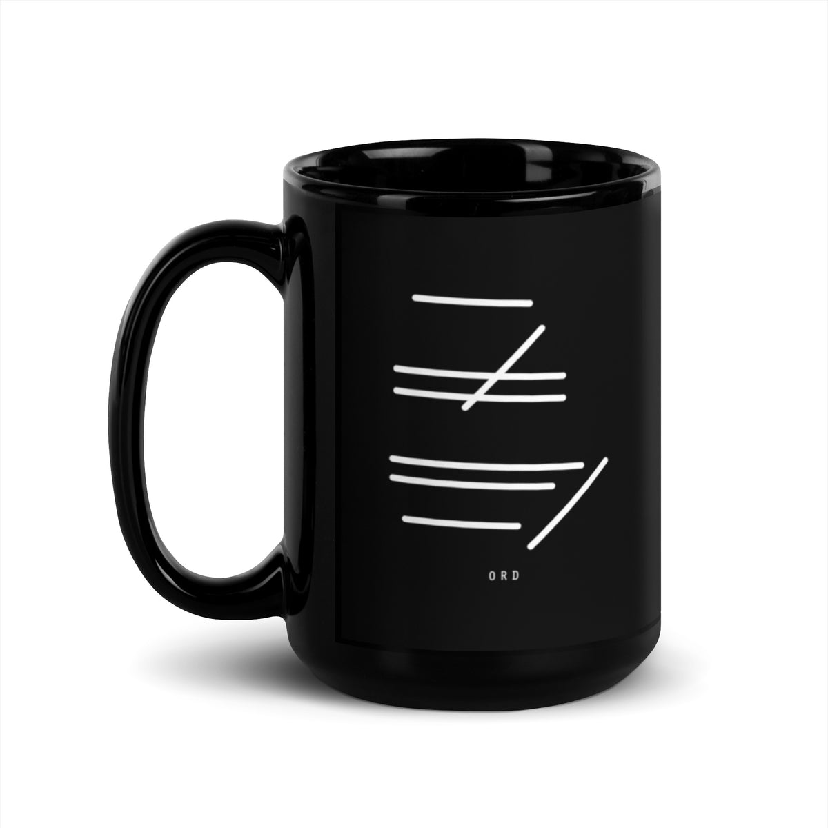 Black runway mug with the Chicago O'Hare runway diagram in white, handle on the left