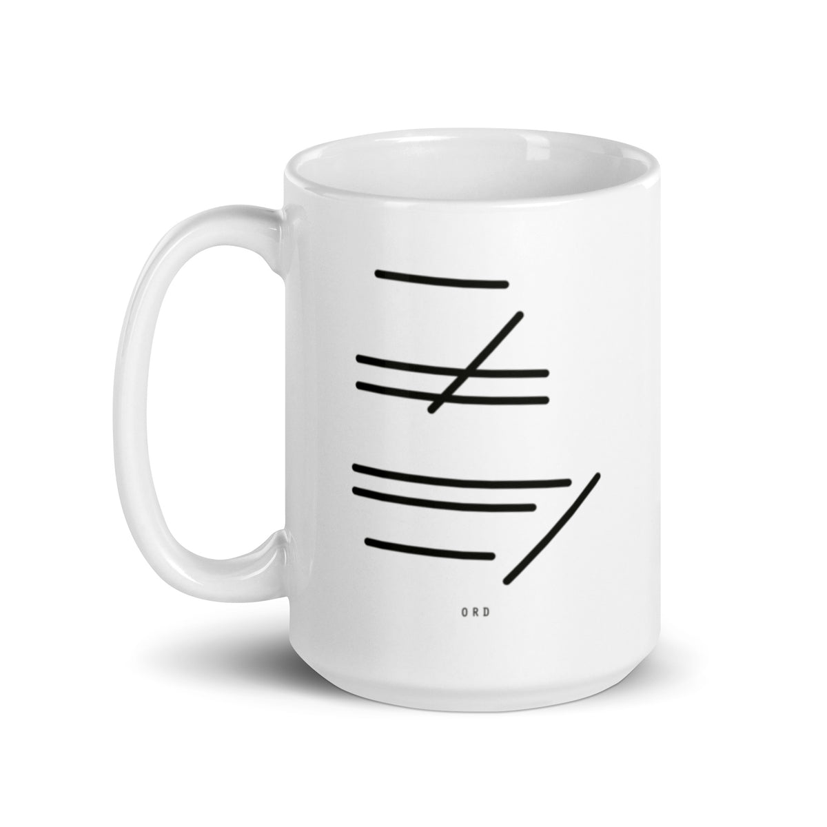 White runway mug with the Chicago O'Hare runway diagram, handle on the left